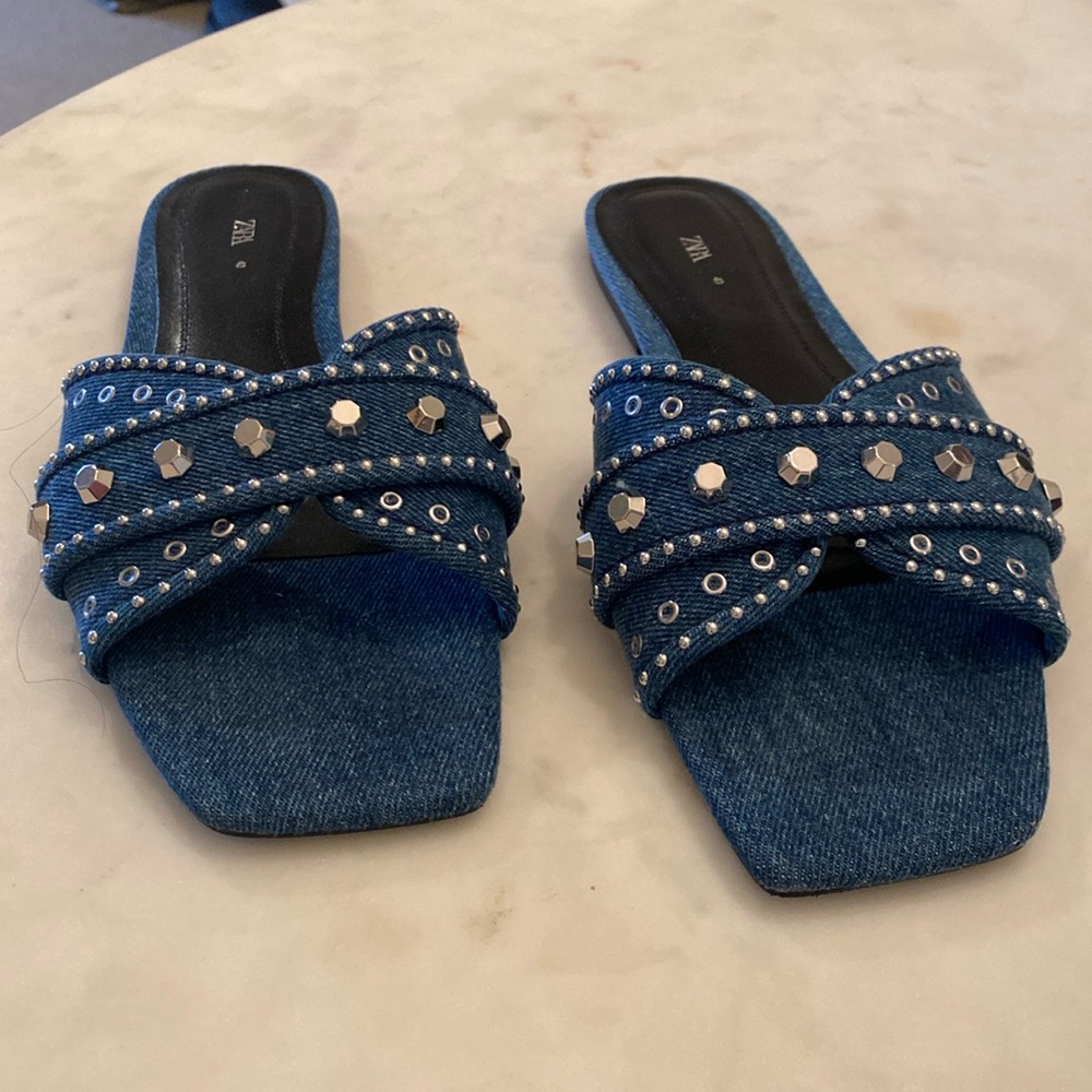 Zara Denim Slides with metal detailing - size 40 (size 9)
